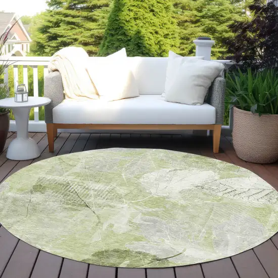 8' Artichoke Green And Ivory Round Floral Washable Indoor Outdoor Area Rug Photo 6
