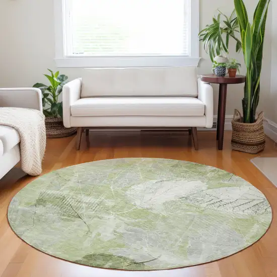 8' Artichoke Green And Ivory Round Floral Washable Indoor Outdoor Area Rug Photo 7