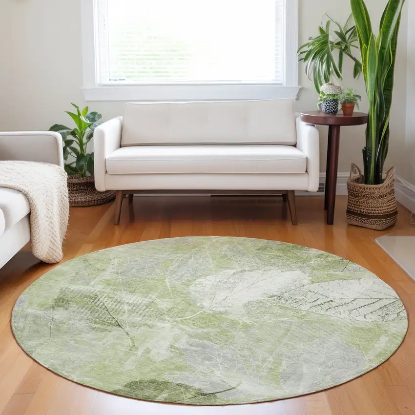 8' Artichoke Green And Ivory Round Floral Washable Indoor Outdoor Area Rug Photo 7