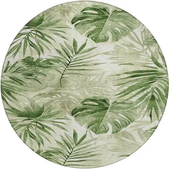 8' Artichoke Green And Ivory Round Floral Washable Indoor Outdoor Area Rug Photo 1