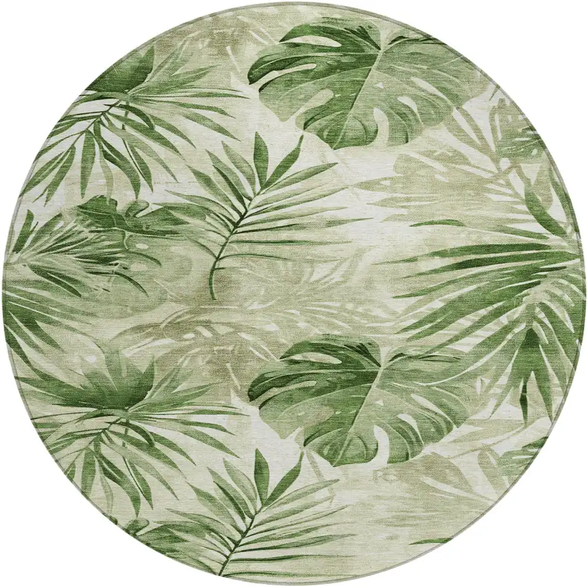 8' Artichoke Green And Ivory Round Floral Washable Indoor Outdoor Area Rug Photo 1
