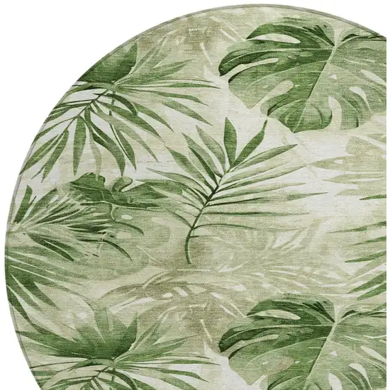 8' Artichoke Green And Ivory Round Floral Washable Indoor Outdoor Area Rug Photo 8