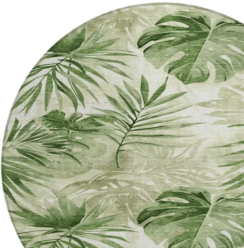 8' Artichoke Green And Ivory Round Floral Washable Indoor Outdoor Area Rug Photo 8