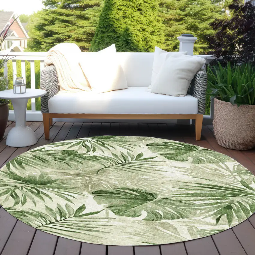 8' Artichoke Green And Ivory Round Floral Washable Indoor Outdoor Area Rug Photo 5