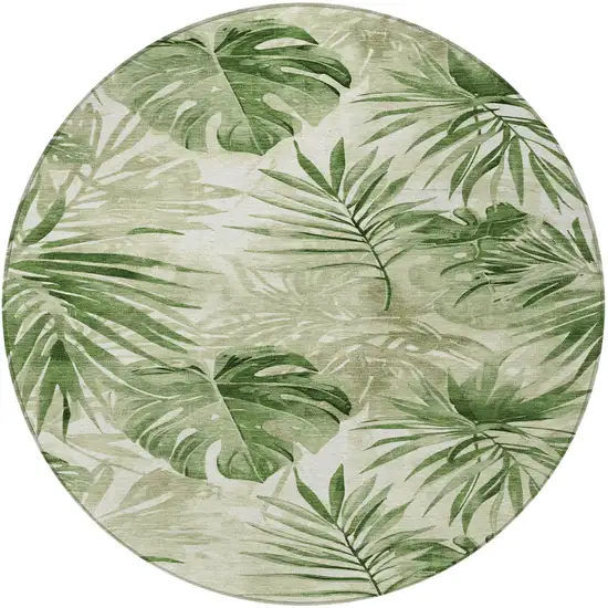8' Artichoke Green And Ivory Round Floral Washable Indoor Outdoor Area Rug Photo 3
