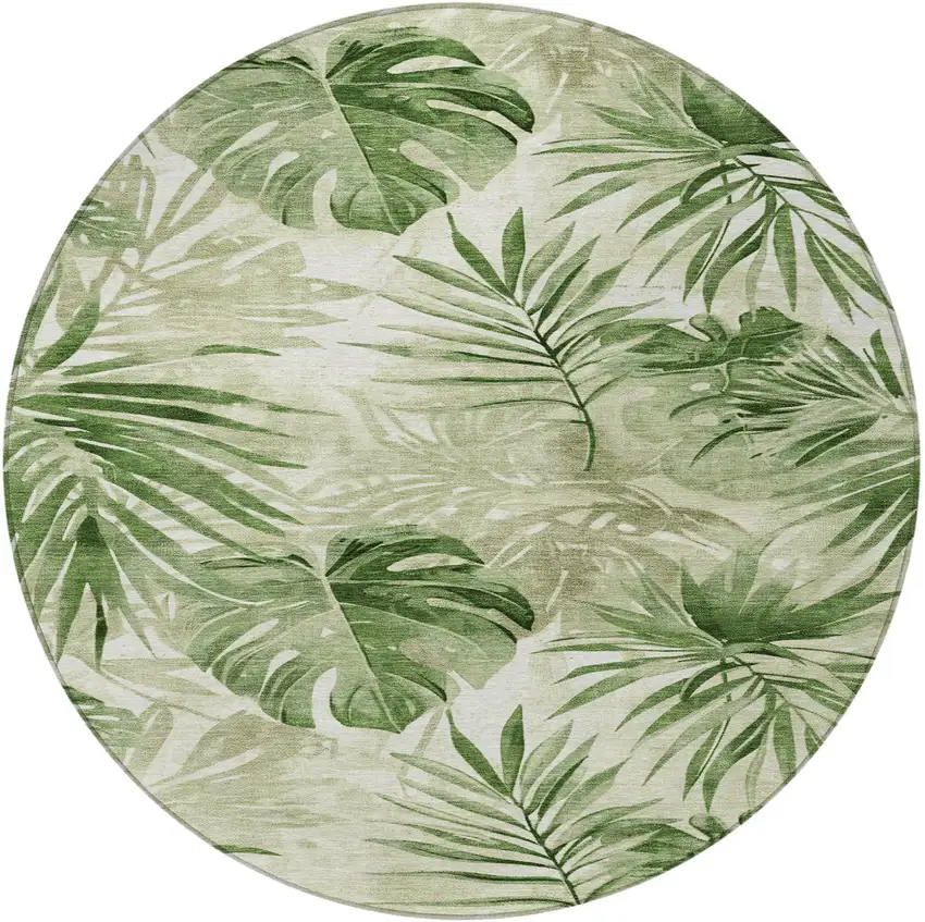 8' Artichoke Green And Ivory Round Floral Washable Indoor Outdoor Area Rug Photo 3