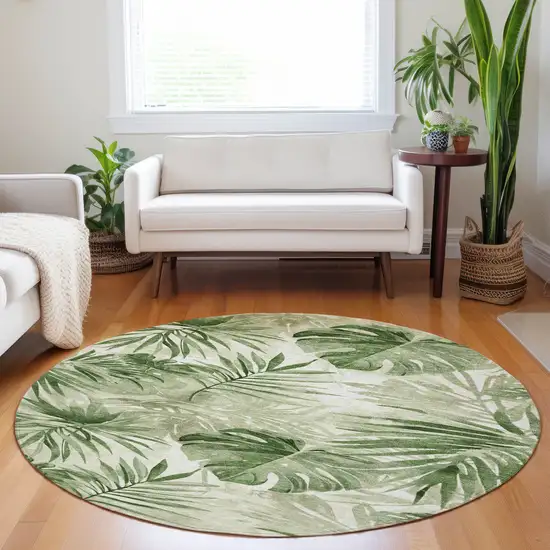 8' Artichoke Green And Ivory Round Floral Washable Indoor Outdoor Area Rug Photo 6