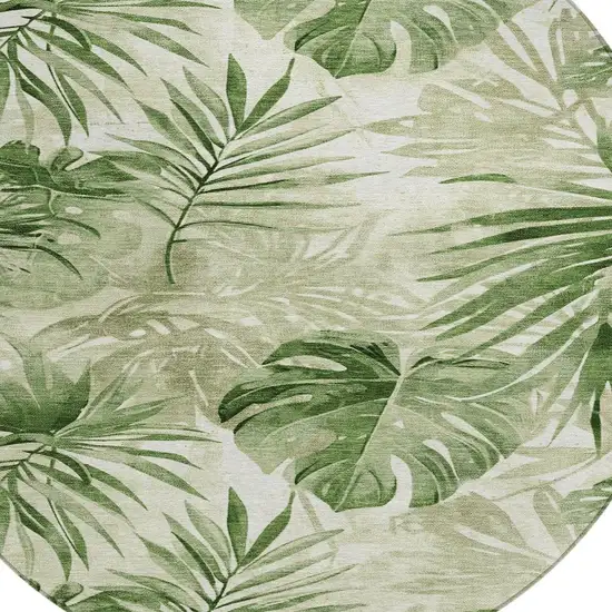 8' Artichoke Green And Ivory Round Floral Washable Indoor Outdoor Area Rug Photo 4