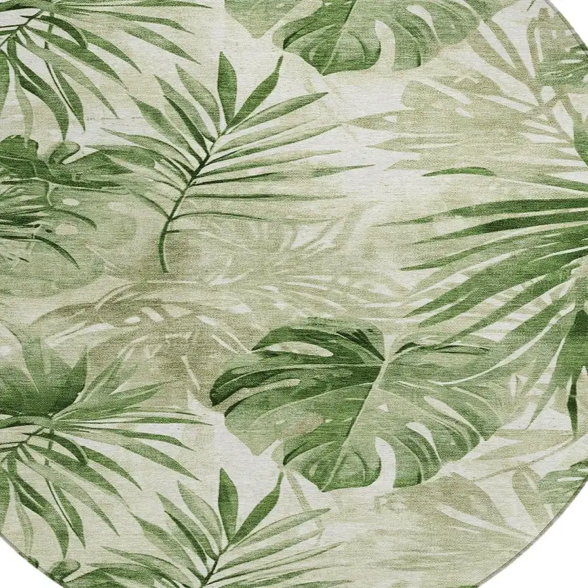 8' Artichoke Green And Ivory Round Floral Washable Indoor Outdoor Area Rug Photo 4