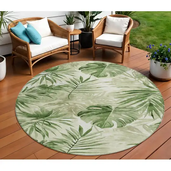 8' Artichoke Green And Ivory Round Floral Washable Indoor Outdoor Area Rug Photo 2
