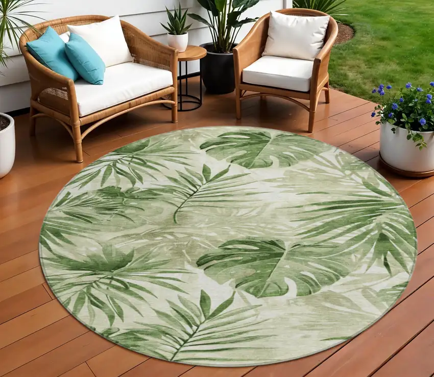 8' Artichoke Green And Ivory Round Floral Washable Indoor Outdoor Area Rug Photo 2
