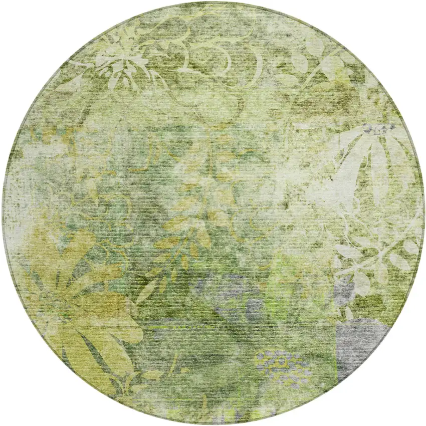 8' Artichoke Green And Ivory Round Floral Washable Indoor Outdoor Area Rug Photo 2