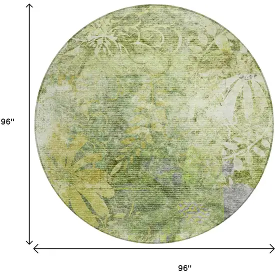 8' Artichoke Green And Ivory Round Floral Washable Indoor Outdoor Area Rug Photo 3
