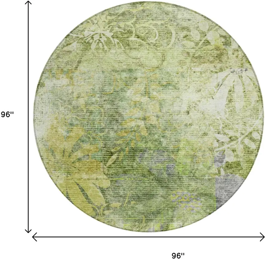 8' Artichoke Green And Ivory Round Floral Washable Indoor Outdoor Area Rug Photo 3