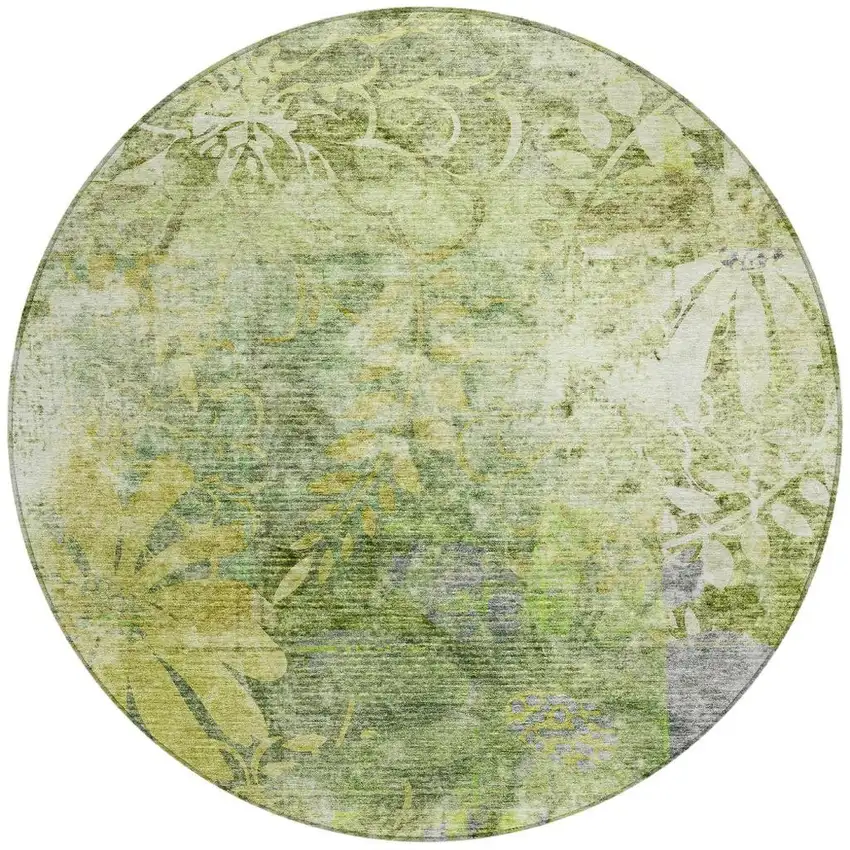 8' Artichoke Green And Ivory Round Floral Washable Indoor Outdoor Area Rug Photo 4
