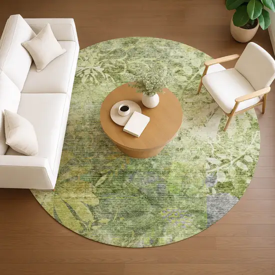 8' Artichoke Green And Ivory Round Floral Washable Indoor Outdoor Area Rug Photo 8