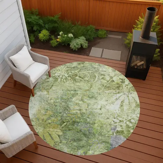 8' Artichoke Green And Ivory Round Floral Washable Indoor Outdoor Area Rug Photo 7