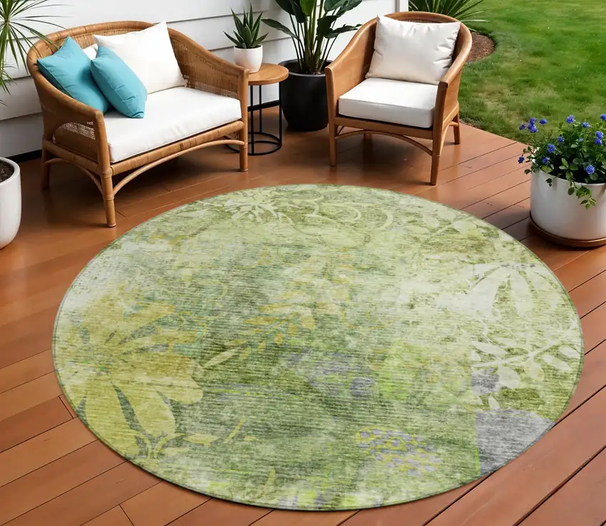 8' Artichoke Green And Ivory Round Floral Washable Indoor Outdoor Area Rug Photo 1