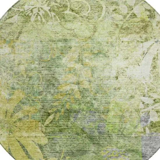 8' Artichoke Green And Ivory Round Floral Washable Indoor Outdoor Area Rug Photo 6