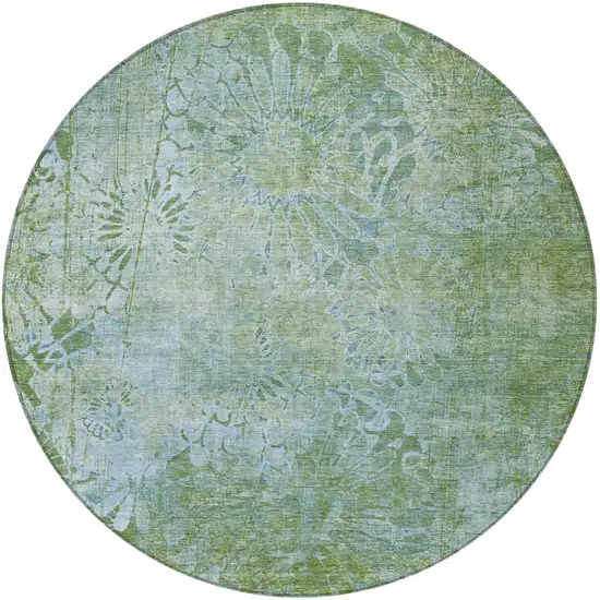 8' Artichoke Green And Ivory Round Floral Washable Indoor Outdoor Area Rug Photo 5
