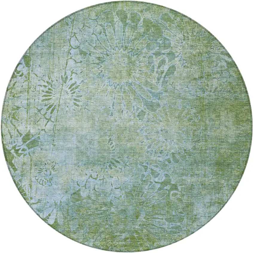 8' Artichoke Green And Ivory Round Floral Washable Indoor Outdoor Area Rug Photo 5