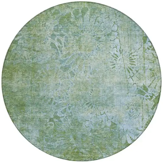 8' Artichoke Green And Ivory Round Floral Washable Indoor Outdoor Area Rug Photo 4