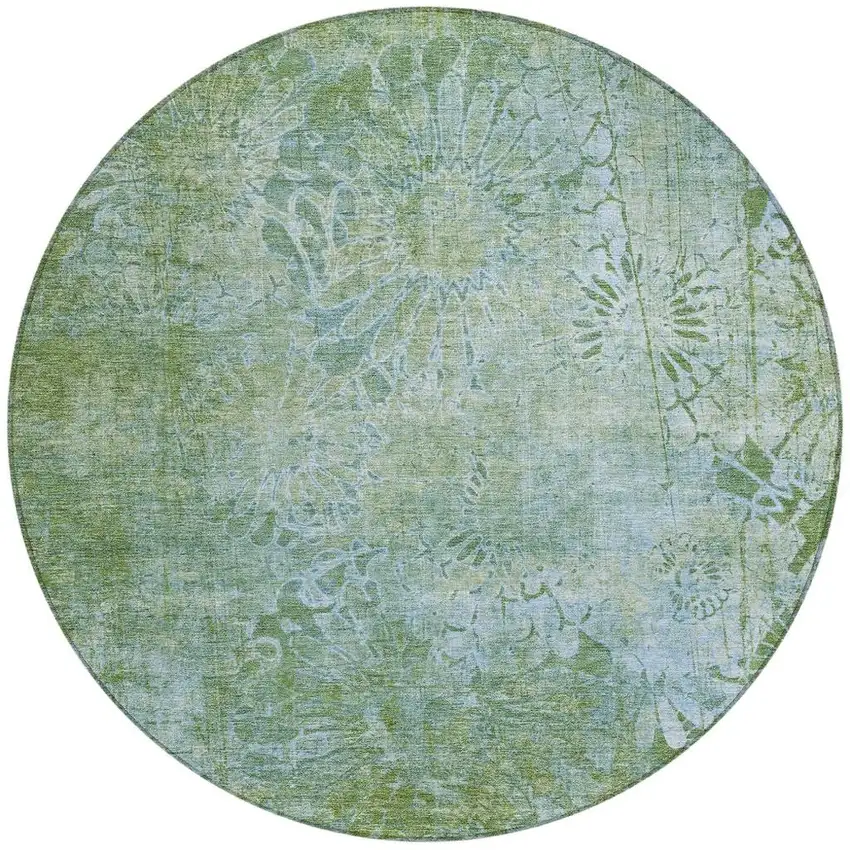 8' Artichoke Green And Ivory Round Floral Washable Indoor Outdoor Area Rug Photo 4