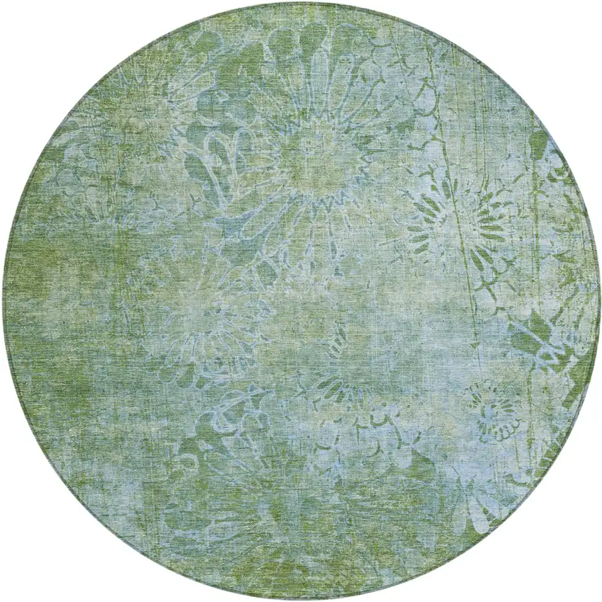 8' Artichoke Green And Ivory Round Floral Washable Indoor Outdoor Area Rug Photo 2