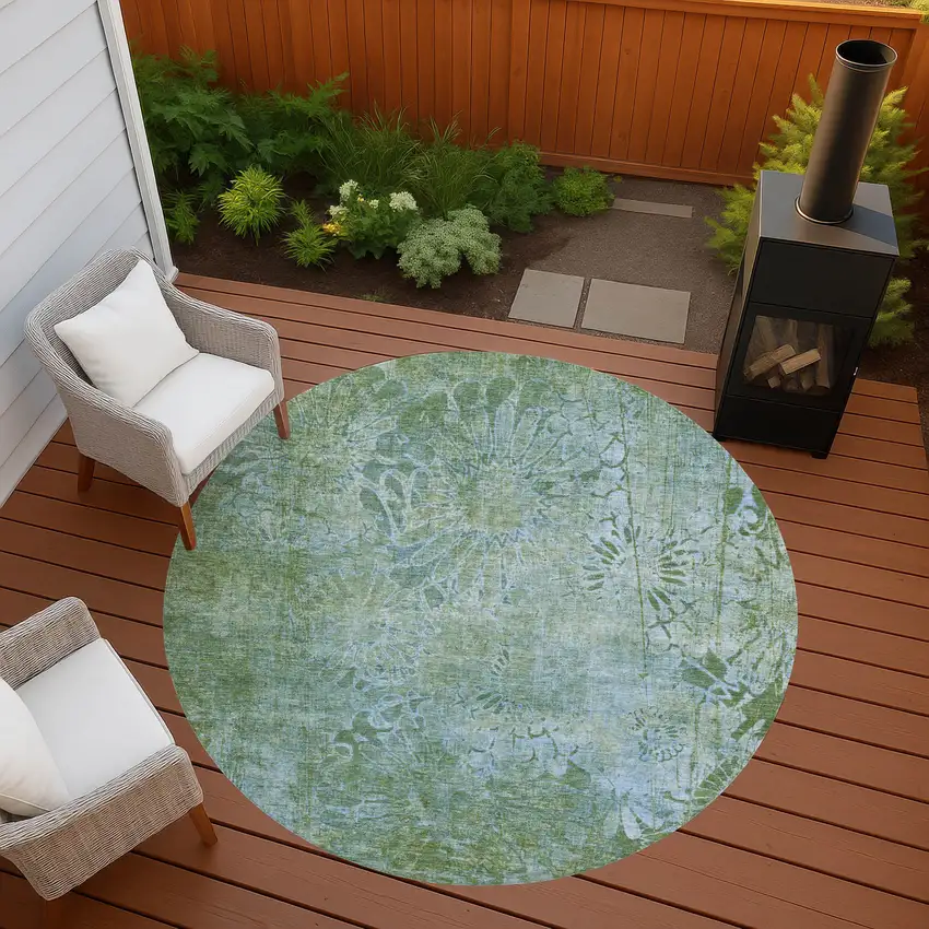 8' Artichoke Green And Ivory Round Floral Washable Indoor Outdoor Area Rug Photo 7