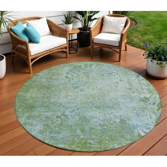 8' Artichoke Green And Ivory Round Floral Washable Indoor Outdoor Area Rug Photo 1