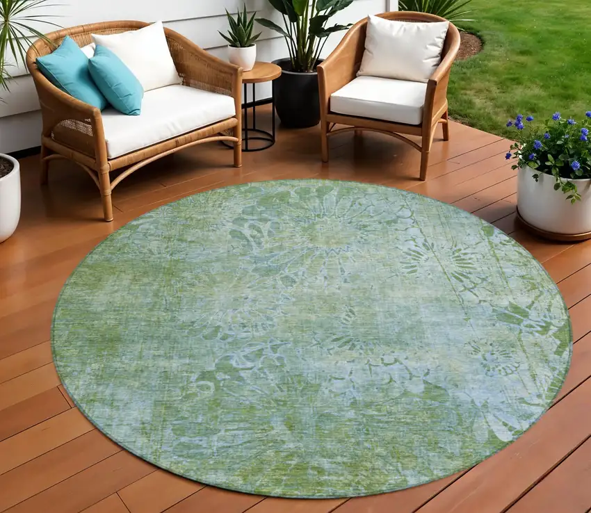 8' Artichoke Green And Ivory Round Floral Washable Indoor Outdoor Area Rug Photo 1