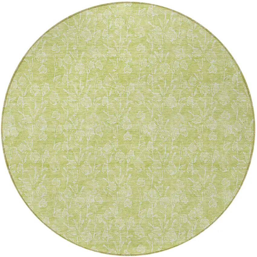 8' Artichoke Green And Ivory Round Floral Washable Indoor Outdoor Area Rug Photo 5