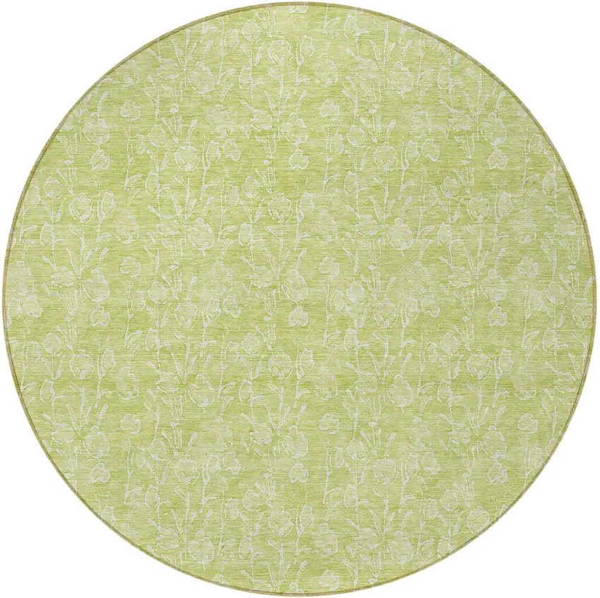 8' Artichoke Green And Ivory Round Floral Washable Indoor Outdoor Area Rug Photo 5