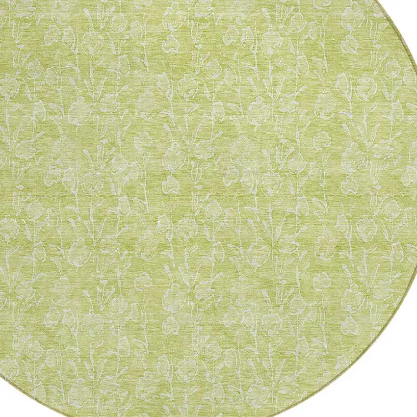 8' Artichoke Green And Ivory Round Floral Washable Indoor Outdoor Area Rug Photo 4