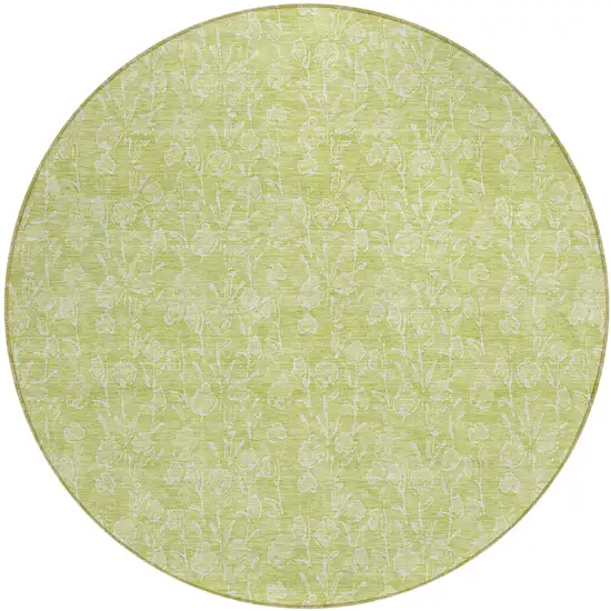 8' Artichoke Green And Ivory Round Floral Washable Indoor Outdoor Area Rug Photo 2
