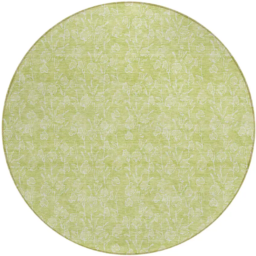 8' Artichoke Green And Ivory Round Floral Washable Indoor Outdoor Area Rug Photo 2