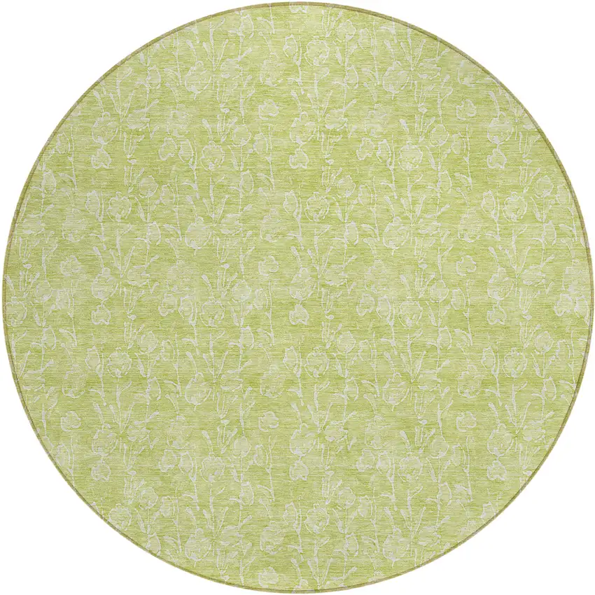 8' Artichoke Green And Ivory Round Floral Washable Indoor Outdoor Area Rug Photo 2