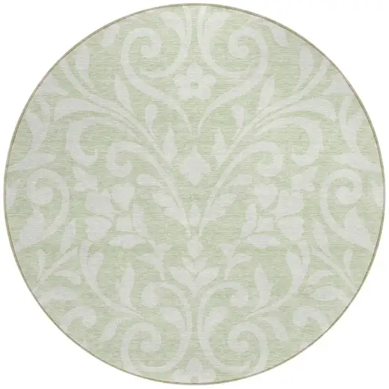 8' Artichoke Green And Ivory Round Floral Washable Indoor Outdoor Area Rug Photo 4