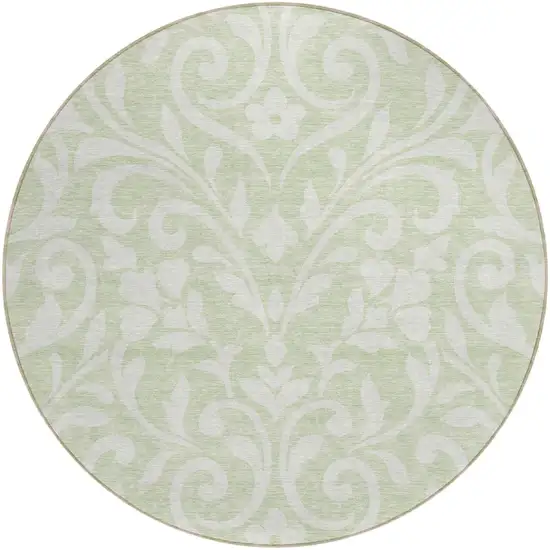 8' Artichoke Green And Ivory Round Floral Washable Indoor Outdoor Area Rug Photo 2