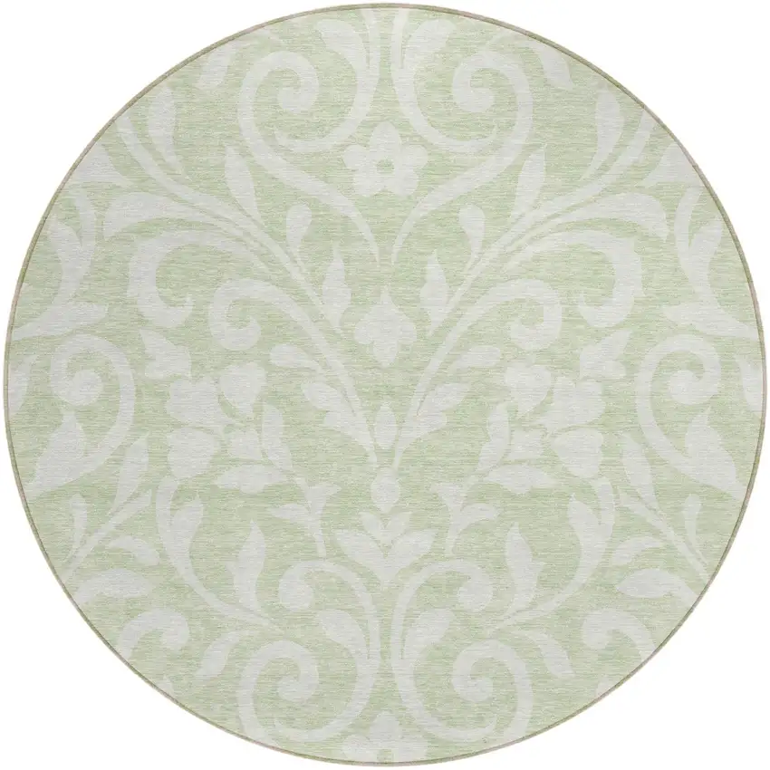 8' Artichoke Green And Ivory Round Floral Washable Indoor Outdoor Area Rug Photo 2