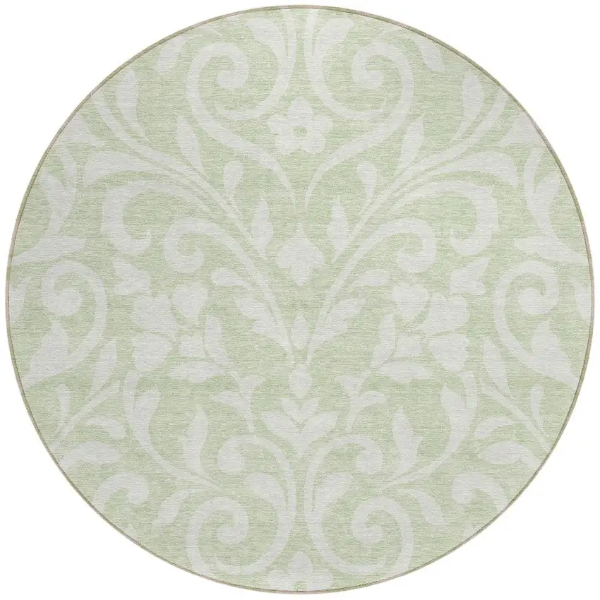 8' Artichoke Green And Ivory Round Floral Washable Indoor Outdoor Area Rug Photo 5