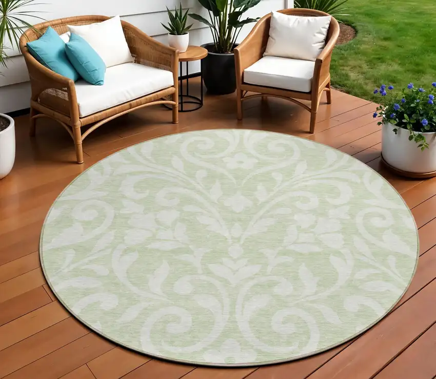 8' Artichoke Green And Ivory Round Floral Washable Indoor Outdoor Area Rug Photo 1