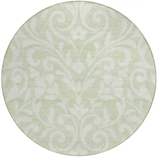 8' Artichoke Green And Ivory Round Floral Washable Indoor Outdoor Area Rug Photo 2