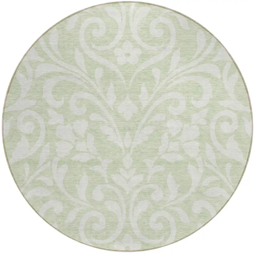 8' Artichoke Green And Ivory Round Floral Washable Indoor Outdoor Area Rug Photo 2