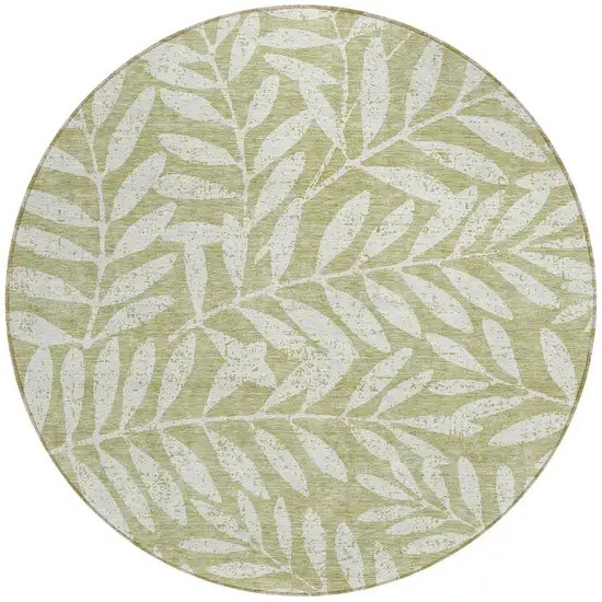 8' Artichoke Green And Ivory Round Floral Washable Indoor Outdoor Area Rug Photo 4