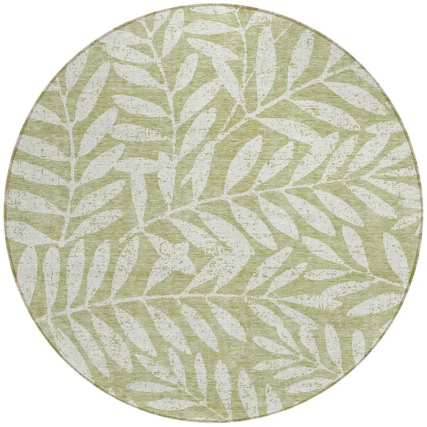 8' Artichoke Green And Ivory Round Floral Washable Indoor Outdoor Area Rug Photo 4