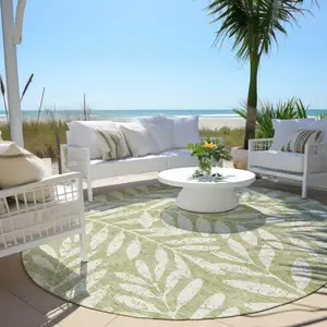 Photo of 8' Artichoke Green And Ivory Round Floral Washable Indoor Outdoor Area Rug