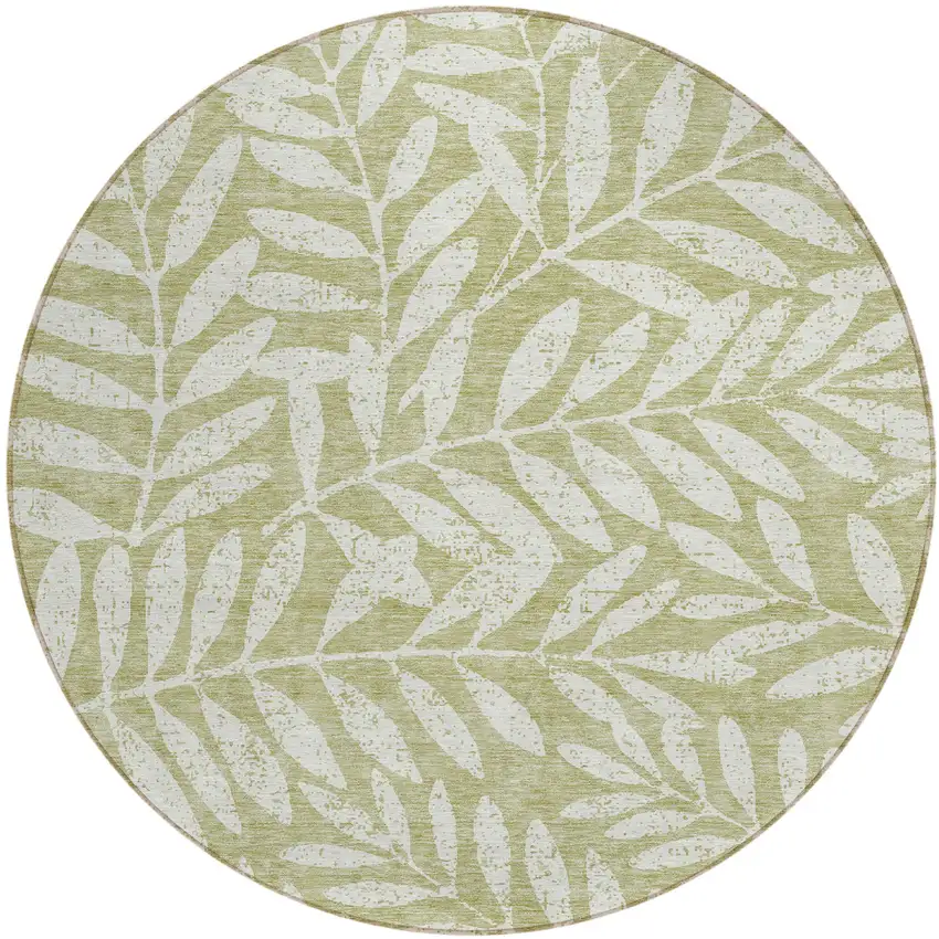 8' Artichoke Green And Ivory Round Floral Washable Indoor Outdoor Area Rug Photo 2