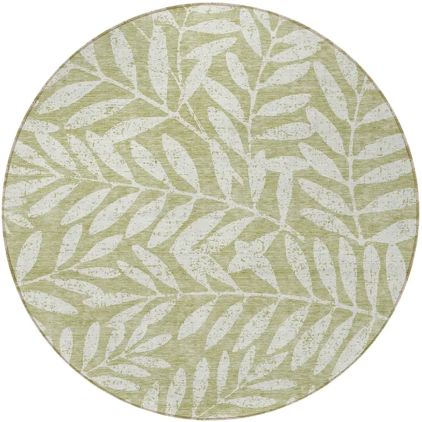 8' Artichoke Green And Ivory Round Floral Washable Indoor Outdoor Area Rug Photo 5