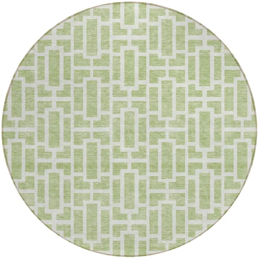 8' Artichoke Green And Ivory Round Geometric Washable Indoor Outdoor Area Rug Photo 2
